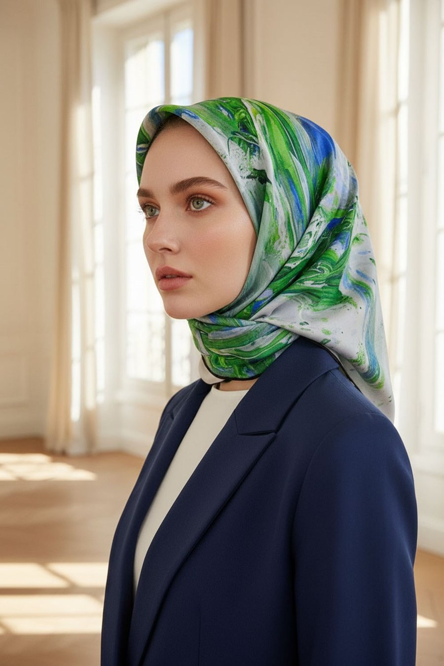 %100 Twill İpek Fırça Darbesi Desenli Saks - Zümrüt Yeşili Renkli 90x90 Eşarp Dikim Şekli : El Dikişi