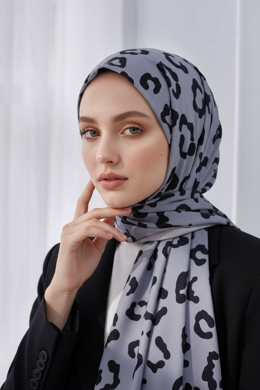 KREP LEOPAR DESENLİ GÜMÜŞ RENKLİ 75X195 KIRIŞMAZ ŞAL