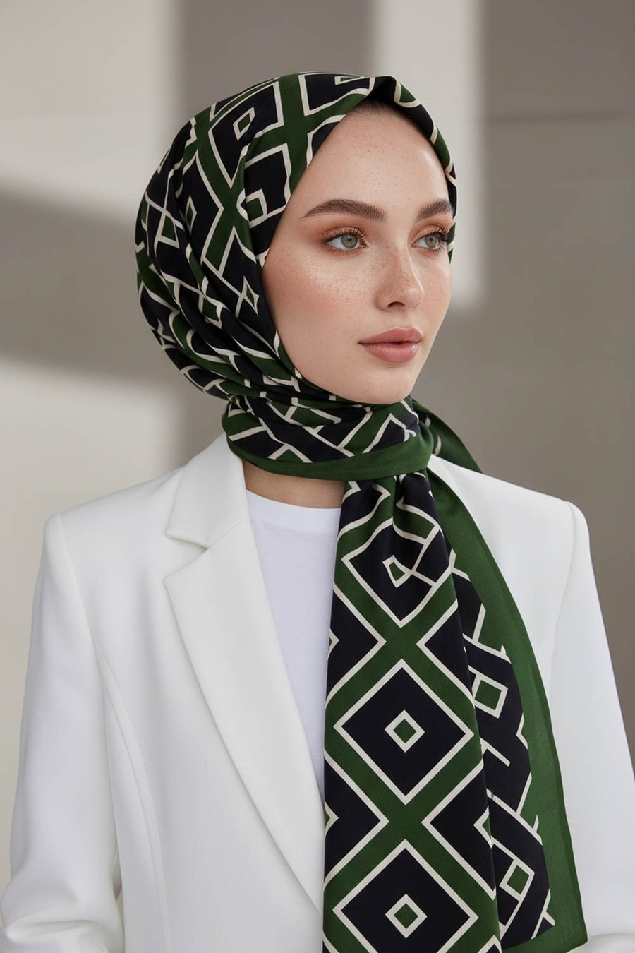 KREP GEOMETRİK DESENLİ ZÜMRÜT YEŞİLİ RENKLİ 75X195 KIRIŞMAZ ŞAL