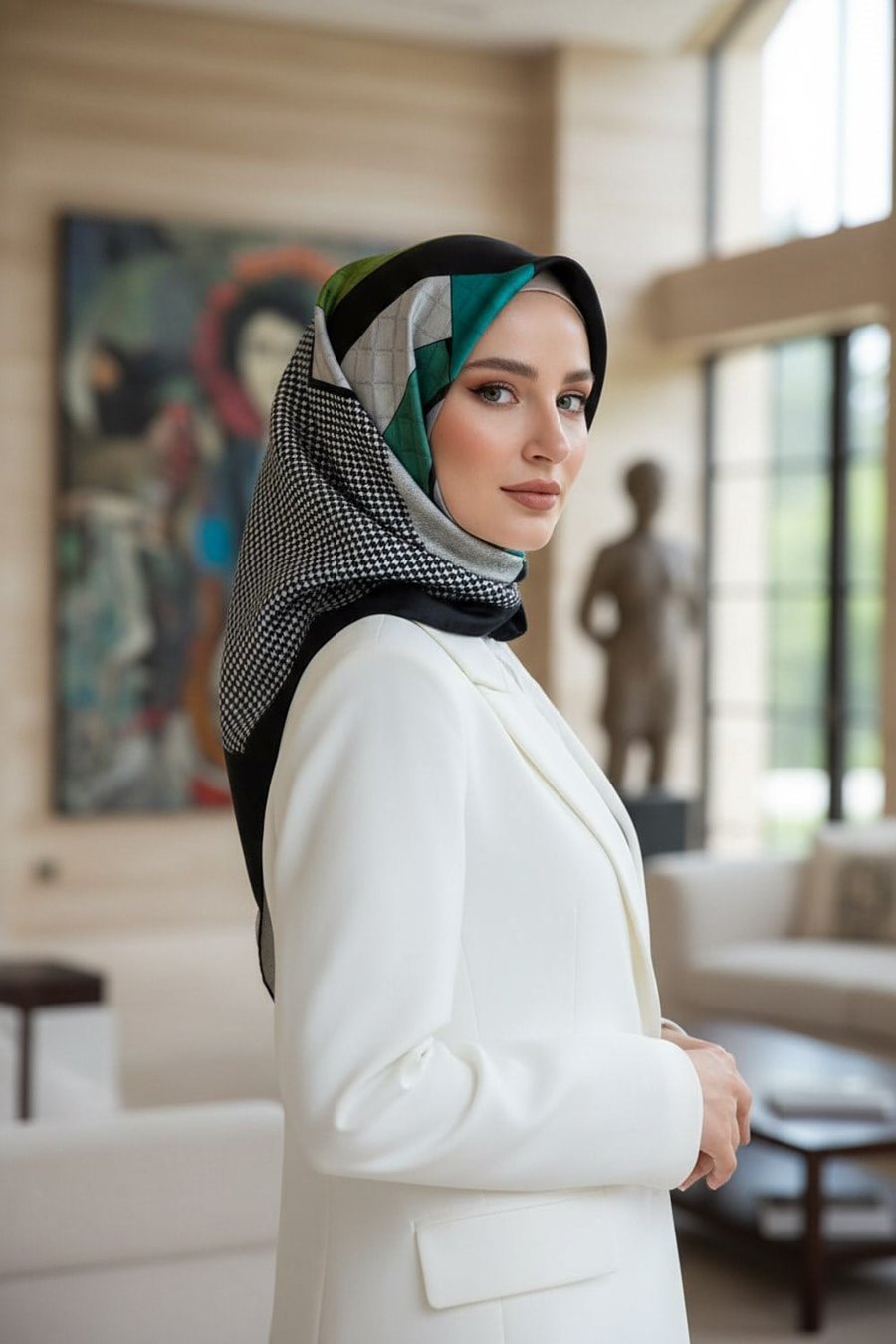 %100 Twill İpek Kazayaklı Ve Geometrik Desenli Fıstık Yeşili - Krem Renkli 90x90 Eşarp Dikim Şekli : El Dikişi