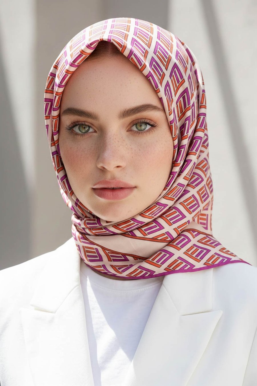 %100 Twill İpek Geometrik Desenli Fuşya - Turuncu Renkli 90x90 Eşarp Dikim Şekli : El Dikişi