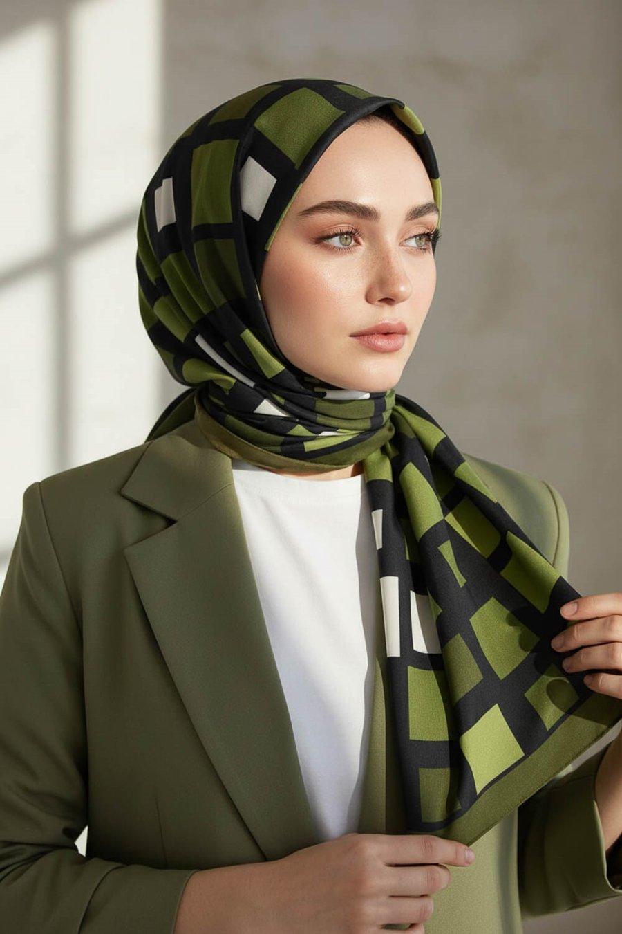 KREP KARE DESENLİ HAKİ YEŞİLİ RENKLİ 75X195 KIRIŞMAZ ŞAL