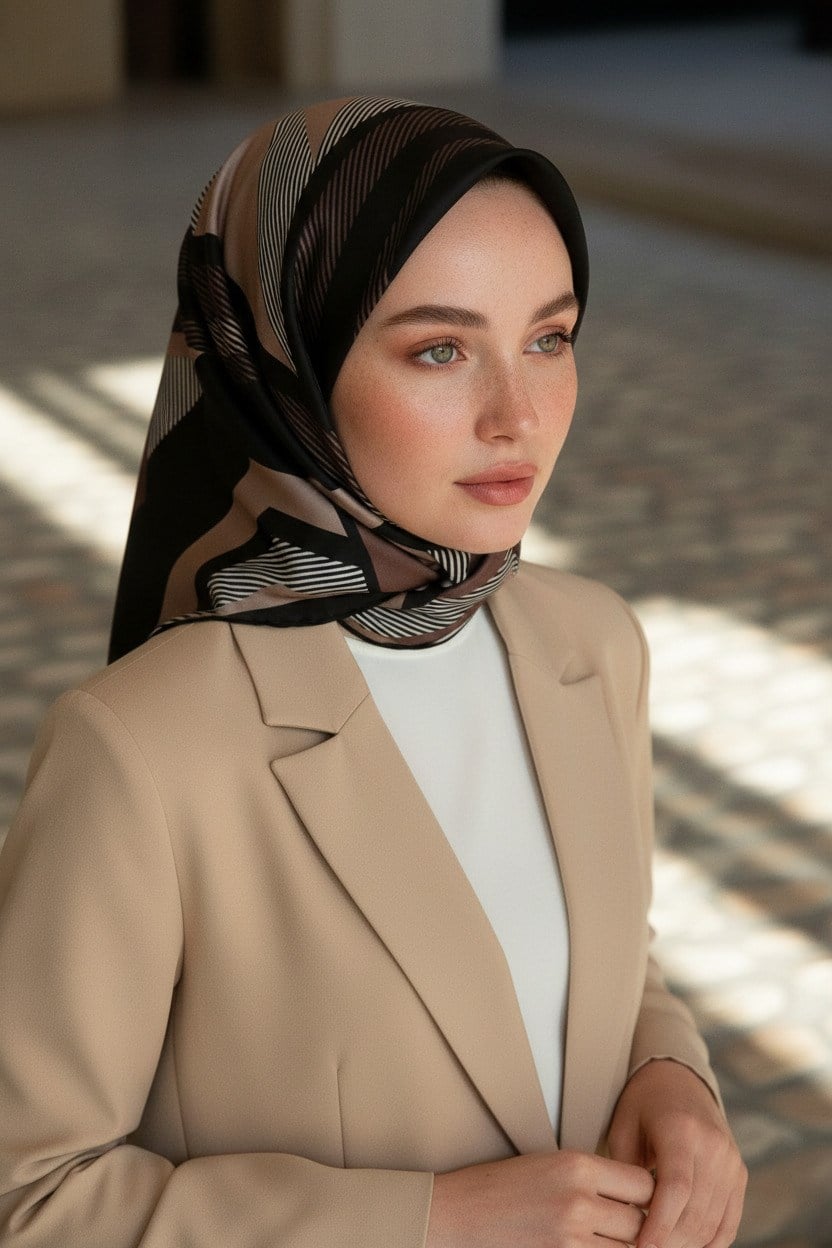 %100 Twill İpek Geometrik Desenli Bej - Siyah Renkli 90x90 Eşarp Dikim Şekli : El Dikişi