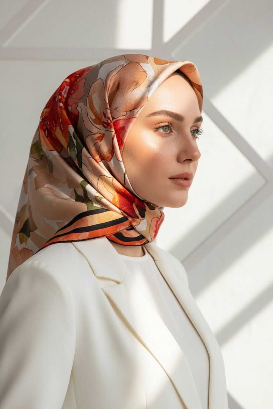 % 57 İPEK % 43 VİSKON Twill İpek Sulu Boyalı Çiçek Desenli Kırmızı - Vizon Renkli 90x90 Eşarp Dikim Şekli : El Dikişi
