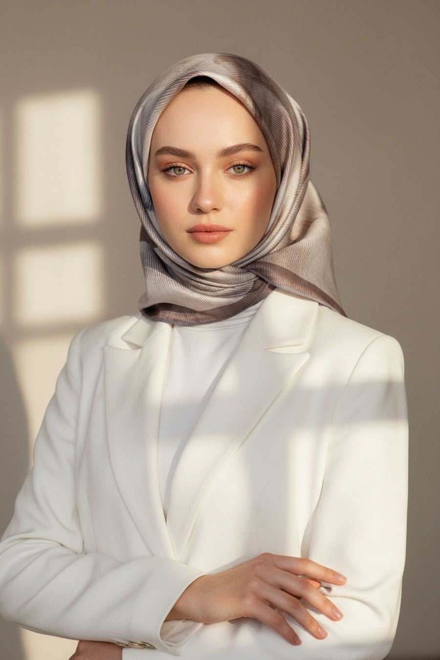 %100 Twill İpek Yaprak Desenl Gri - Bej Renkli 90x90 Eşarp Dikim Şekli : El Dikişi