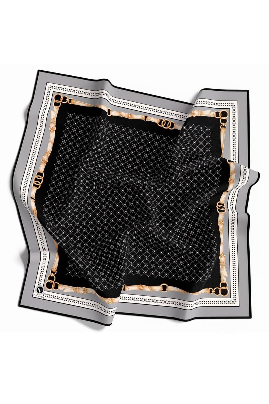 Twill Kemerli ve Çıtır Motifli Desenli Gri Renkli 90x90 Eşarp (İpek İçermez) Dikim Şekli : El Dikişi