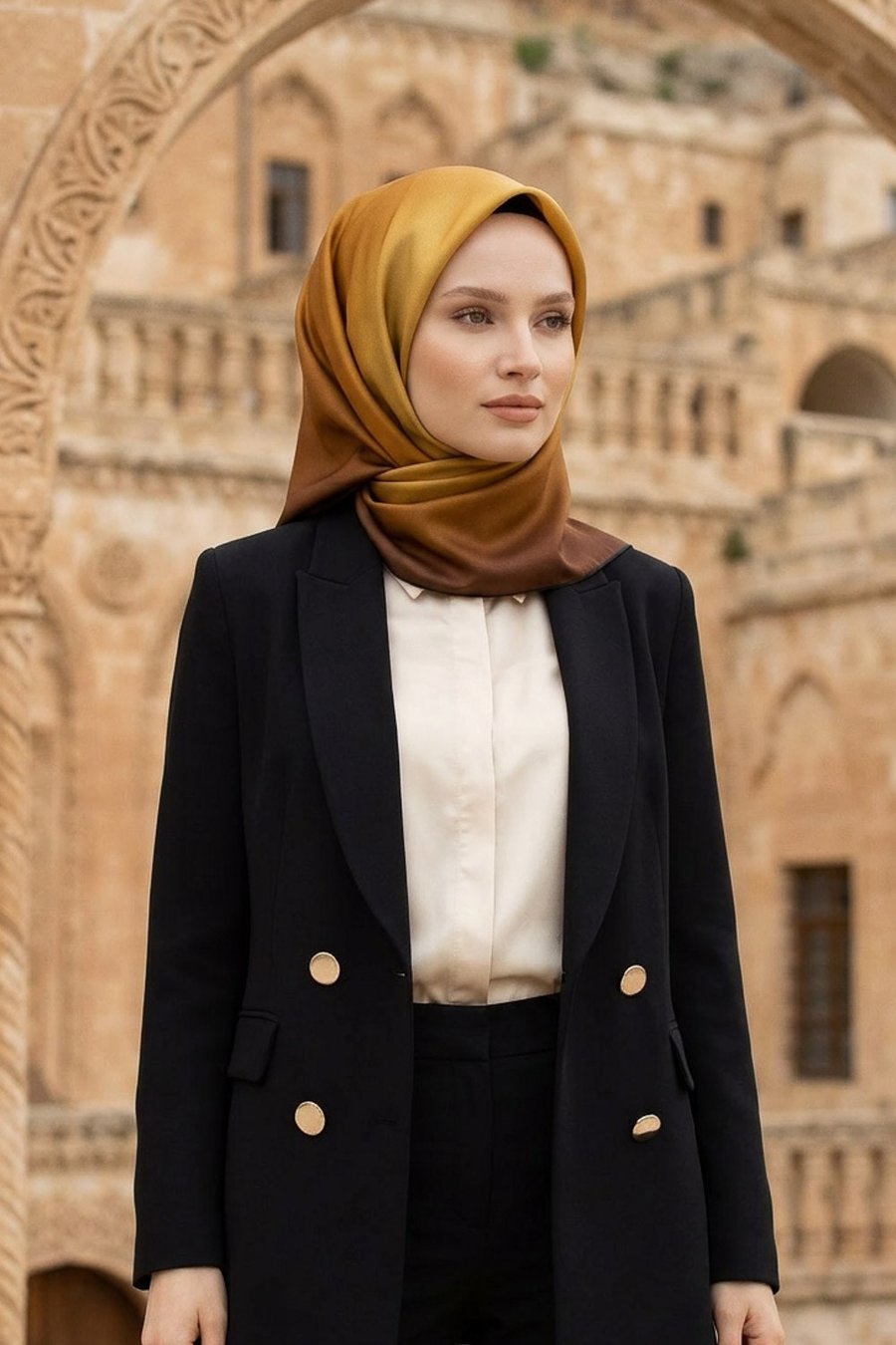 % 57 İPEK % 43 VİSKON Twill İpek Degrade Desenli Gold Renkli 90x90 Eşarp Dikim Şekli : El Dikişi