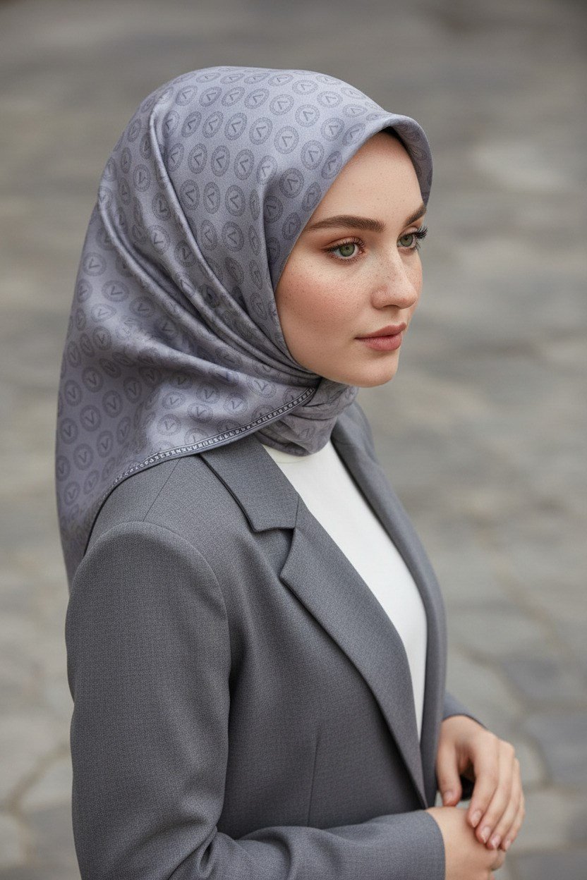 %100 Twill İpek Monogram Desenli Gümüş Renkli 90x90 Eşarp Dikim Şekli : El Dikişi