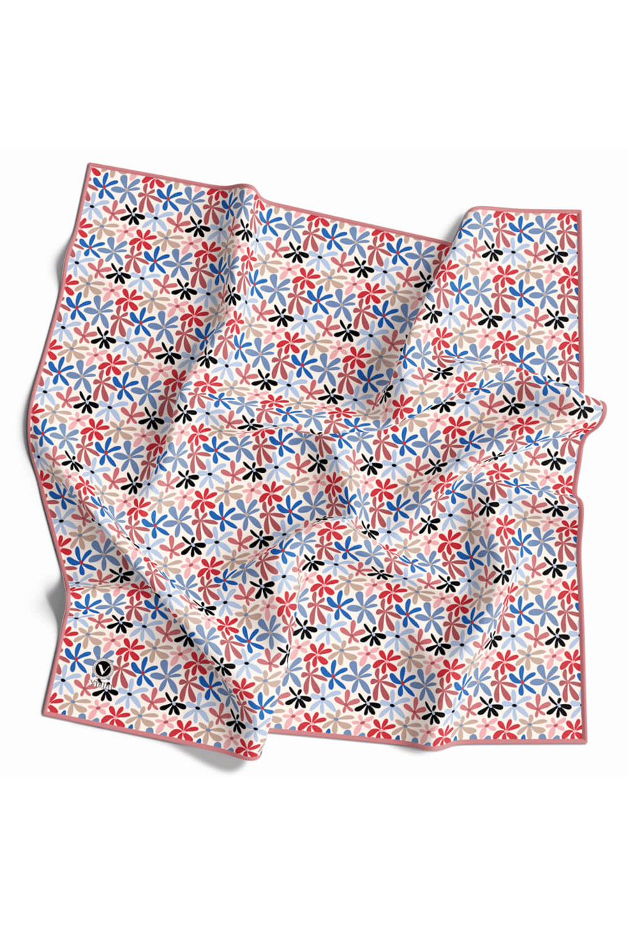 Twill Renkli Çiçek Desenli Pudra - Bebe Mavisi Renkli 90x90 Eşarp (İpek İçermez) Kenar Dikiş Şekli El Dikişli