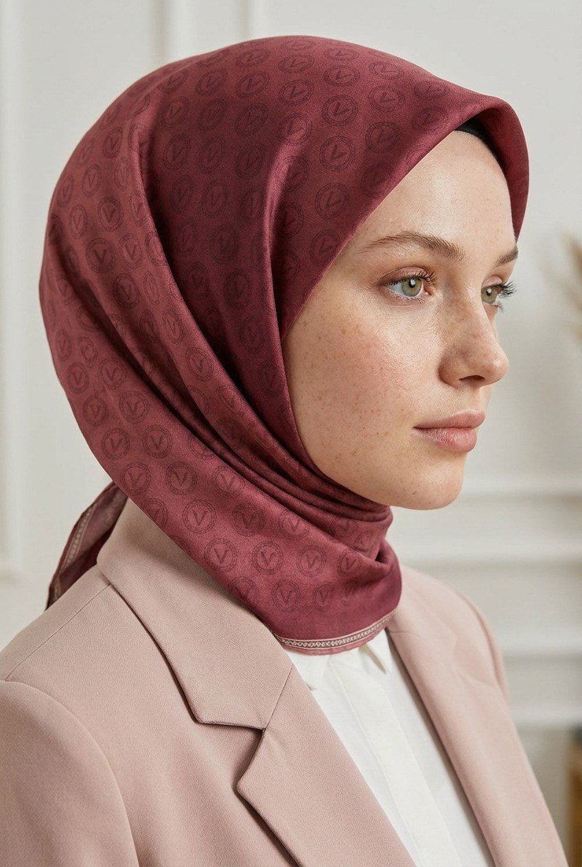 % 57 İPEK % 43 VİSKON Twill İpek Monogram Desenli Gül Kurusu - Gold Renkli 90x90 Eşarp Dikim Şekli : El Dikişi