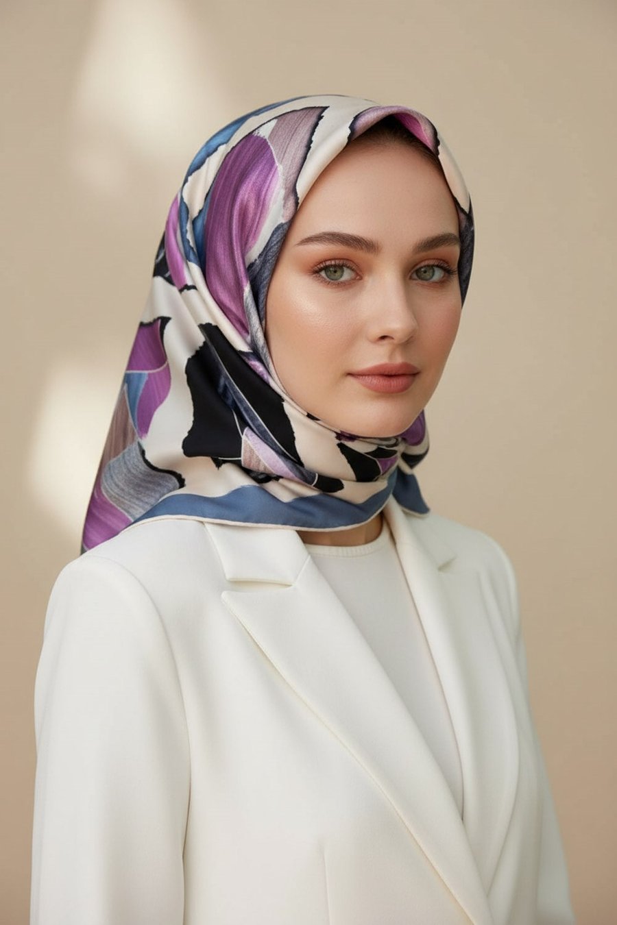 %100 Twill İpek Geometrik Desenli Bebe Mavisi - Pembe Renkli 90x90 Eşarp Dikim Şekli : El Dikişi