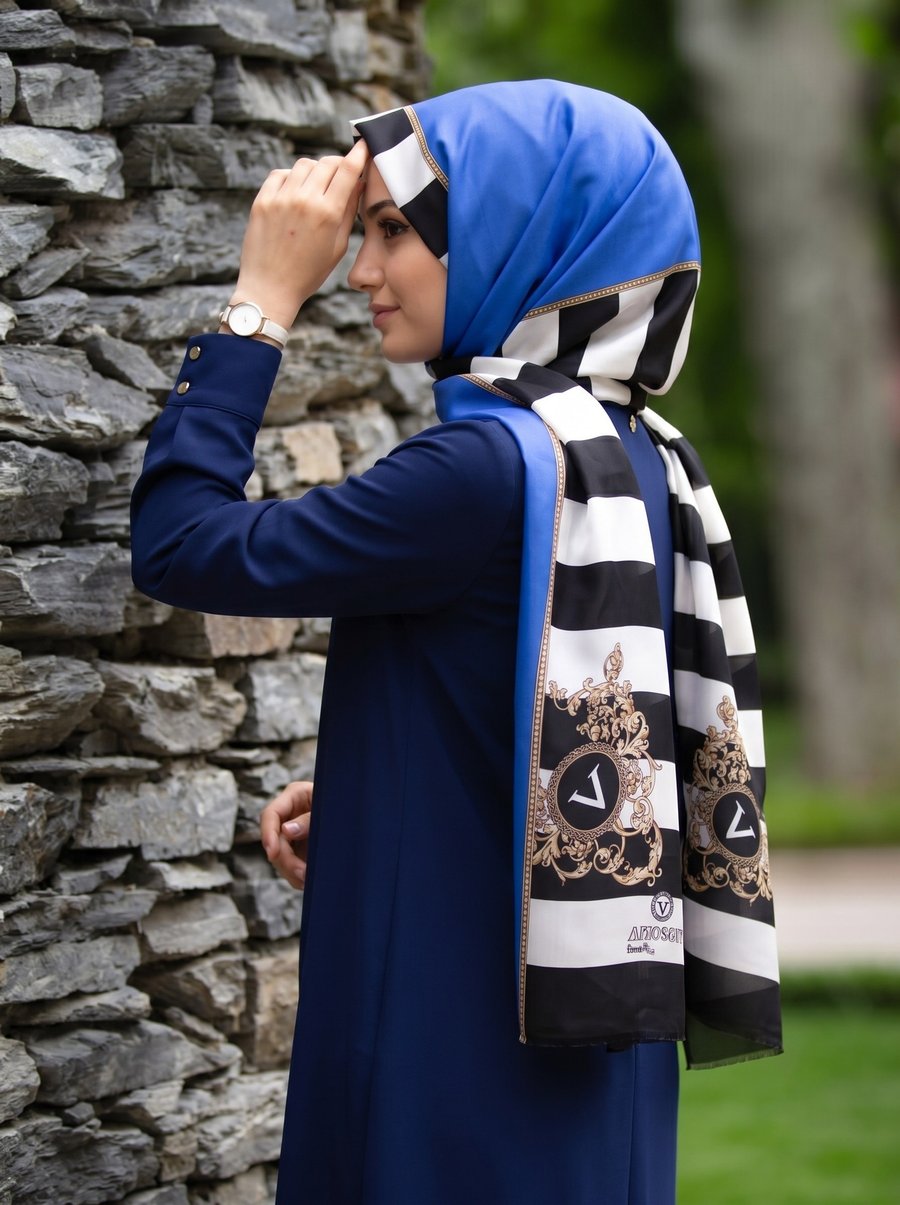 %100 Saf İpek Şal İnce Saten Vual Dokuma Çizgili Ve Varak Desenli Saks - Siyah Renkli 90x210 Şal