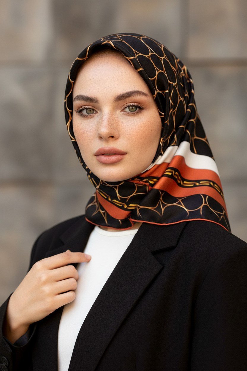 %100 Twill İpek Zincir Desenli Siyah - Taba Renkli 90x90 Eşarp Kenar Dikiş Şekli El Dikişli
