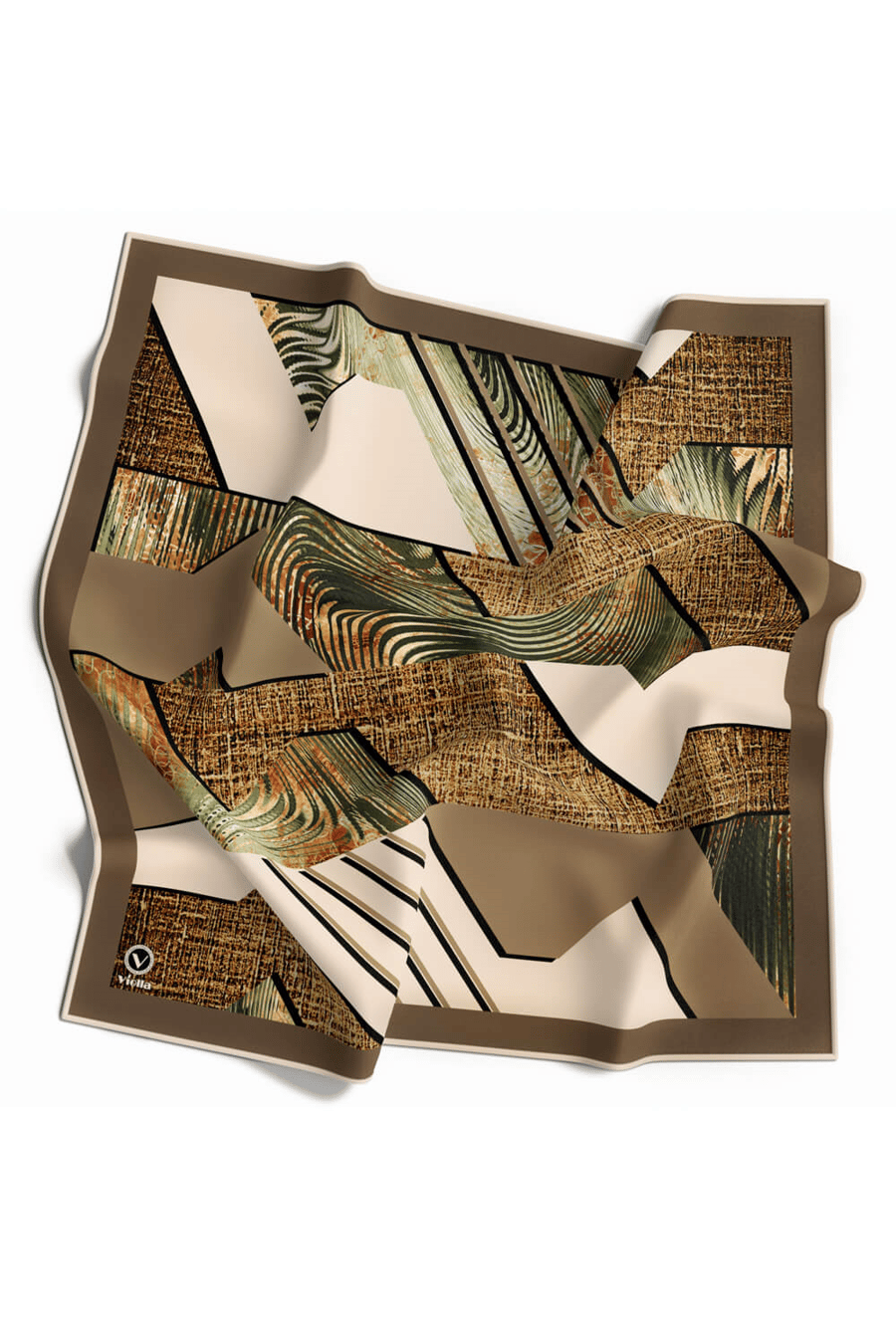 Twill Dalgalı Geometrik Desenli Bej Renkli 90x90 Eşarp (İpek İçermez) Kenar Dikiş Şekli El Dikişli