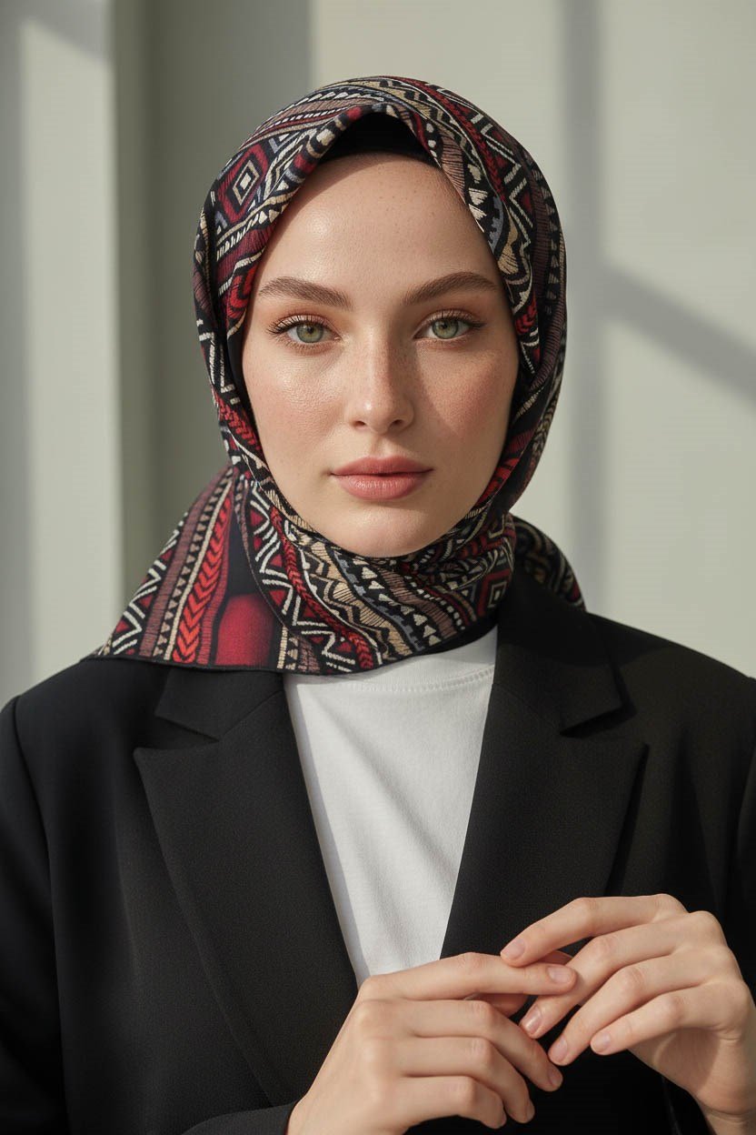 %100 Twill İpek Etnik Desenli Siyah - Bordo Renkli 90x90 Eşarp Dikim Şekli : El Dikişi