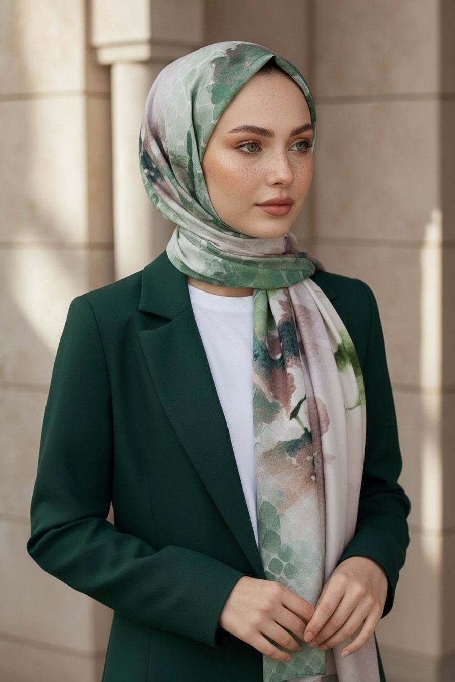 KREP SULU BOYA ÇİÇEK DESENLİ PETROL YEŞİLİ RENKLİ 75X195 KIRIŞMAZ ŞAL