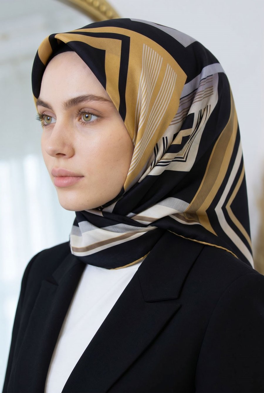 %100 Twill İpek Kare Desenli Siyah - Gold Renkli 90x90 Eşarp Kenar Dikiş Şekli El Dikişli