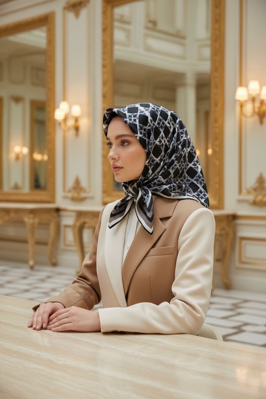 %100 Twill İpek Geometrik Desenli Siyah - Gri Renkli 90x90 Eşarp Dikim Şekli : El Dikişi
