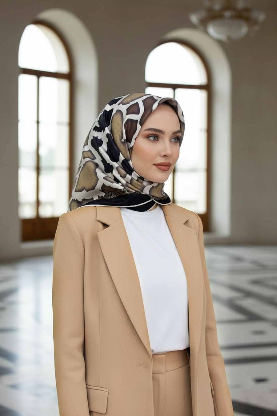 %100 Twill İpek Zürafa Desenli Sütlü Kahve - Bej Renkli 90x90 Eşarp Dikim Şekli : El Dikişi