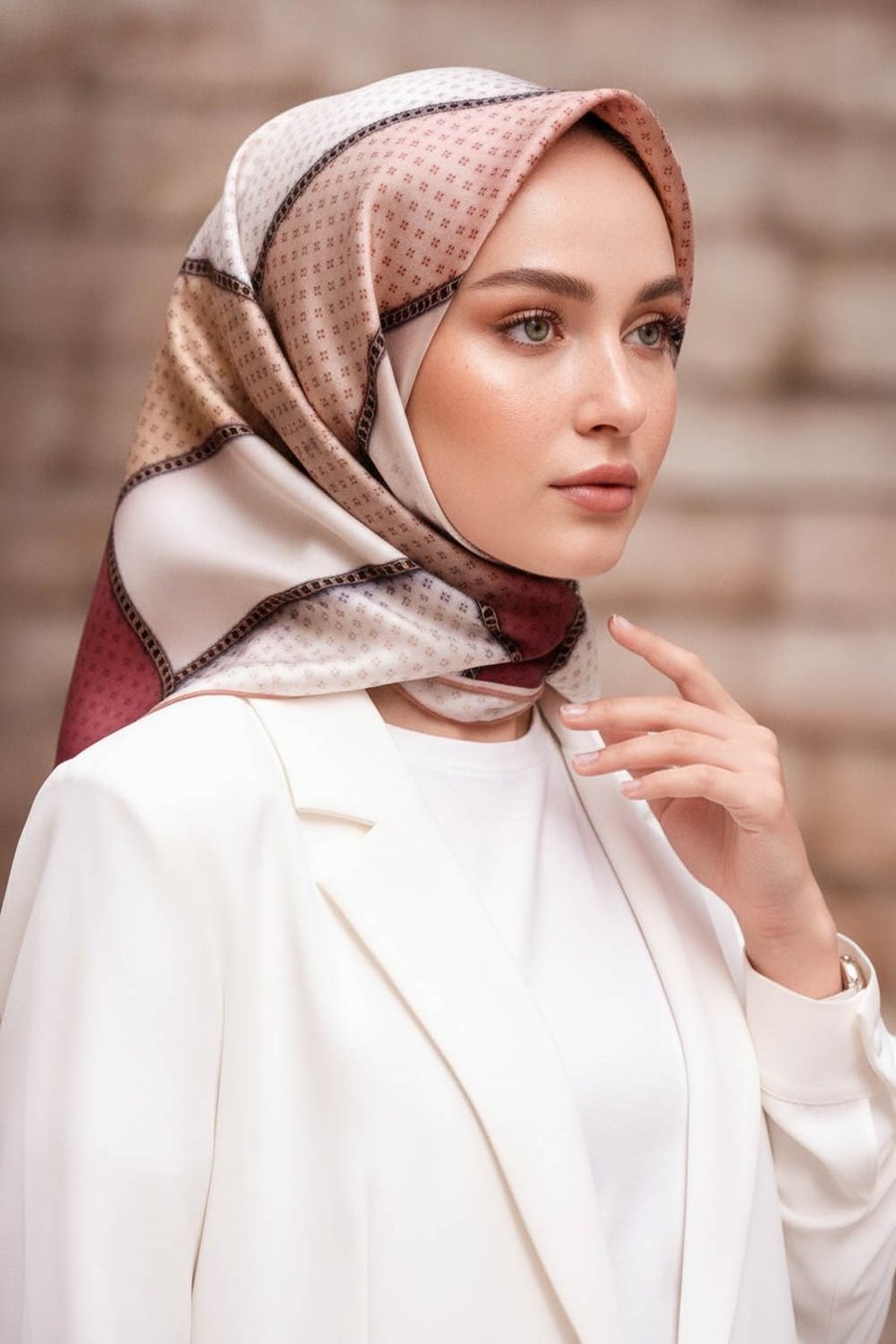 %100 Twill İpek Eşarp 90x90 Geometrik Kare Desenli El Dikişli Kadın Eşarp