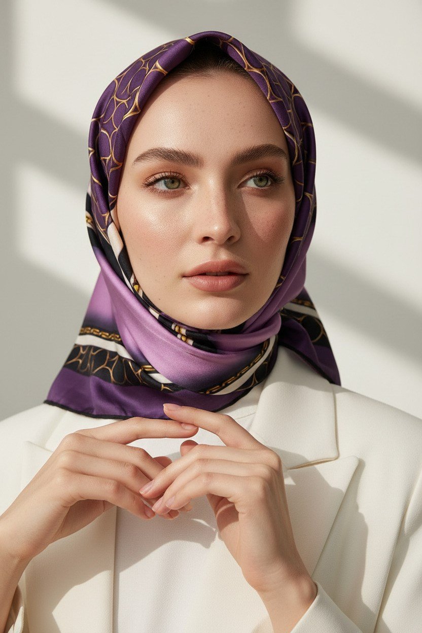 %100 Twill İpek Gold Halka Desenli Lila - Siyah Renkli 90x90 Eşarp Dikim Şekli : El Dikişi