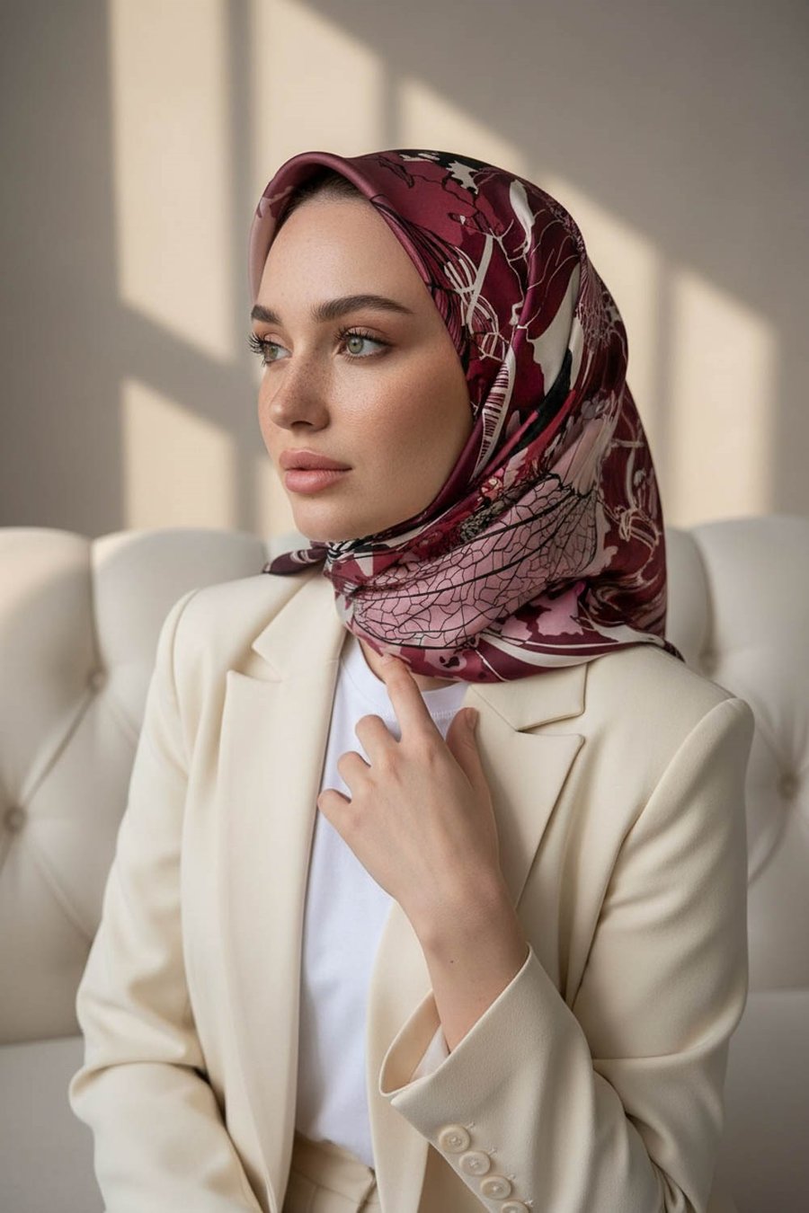 %100 Twill İpek Yaprak Desenli Bordo - Siyah Renkli 90x90 Eşarp Dikim Şekli : El Dikişi