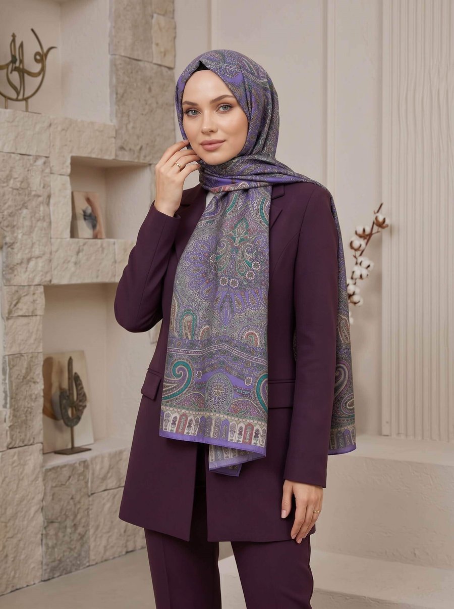 %100 Saf İpek Şal İnce Saten Vual Dokuma Etro Desenli Mor Renkli 90x210 Şal