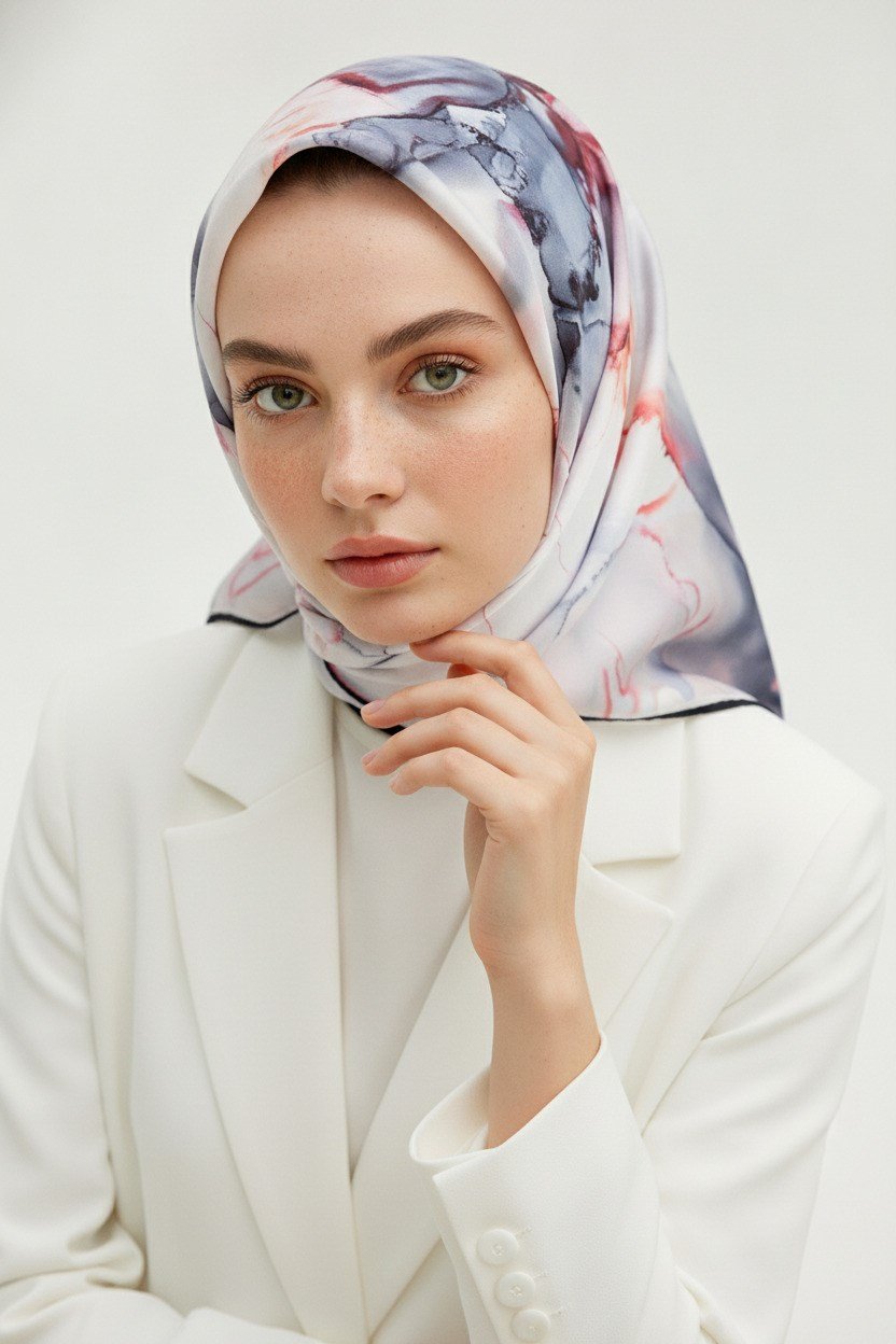 % 57 İPEK % 43 VİSKON Twill İpek Batik Çiçek Desenli İndigo - Bakır Renkli 90x90 Eşarp Kenar Dikiş Şekli El Dikişli