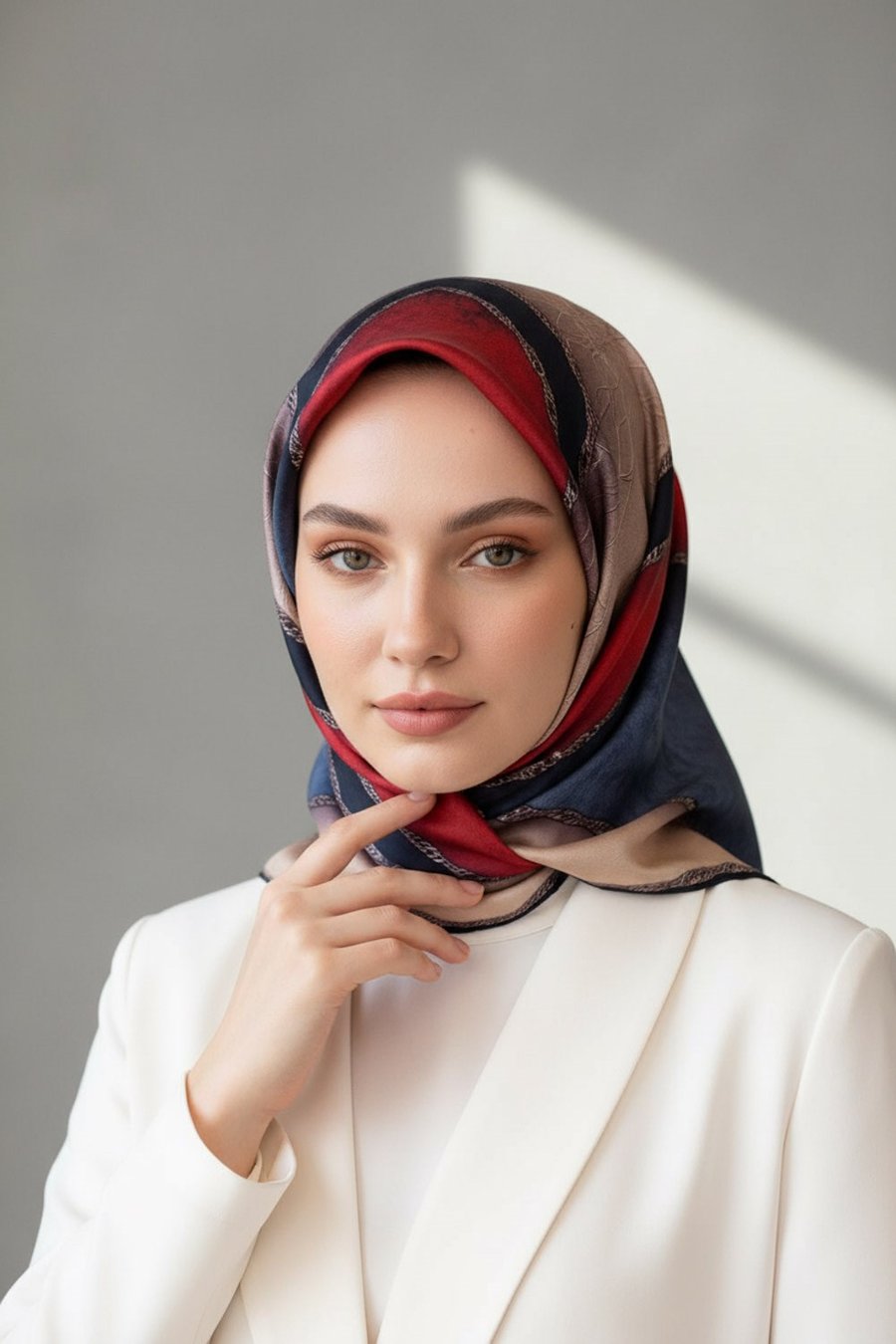 %100 Twill İpek Dokulu Geometrik Desenli Bordo - İndigo Renkli 90x90 Eşarp Dikim Şekli : El Dikişi