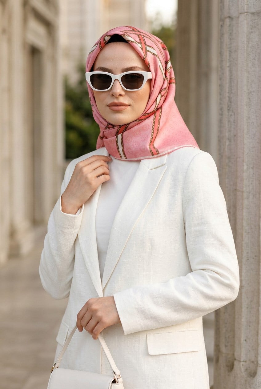 %100 Twill İpek Gold Şeritli Monogram Desenli Nar Çiçeği - Krem Renkli 90x90 Eşarp Dikim Şekli : El Dikişi