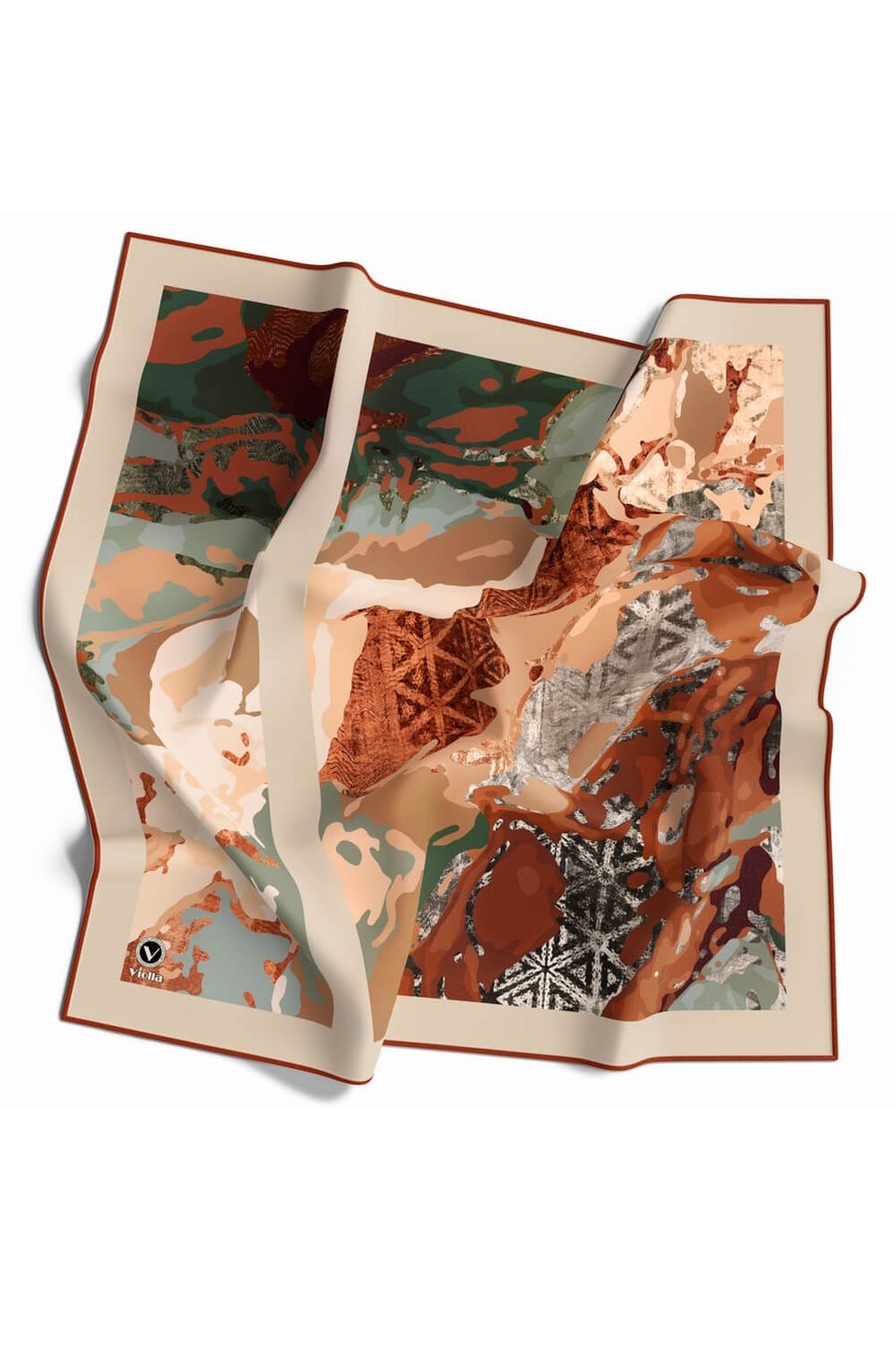 Kristal Batikli Ve Etnik Desenli Taba Renkli 90x90 Eşarp (İpek İçermez) Kenar Dikiş Şekli El Dikişli