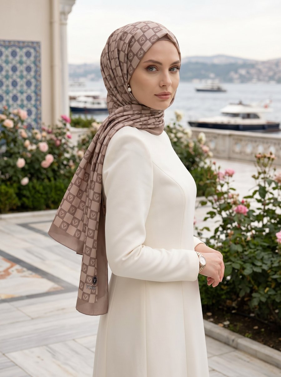 KREP MONOGRAM DESENLİ TAŞ RENKLİ 75X195 KIRIŞMAZ ŞAL