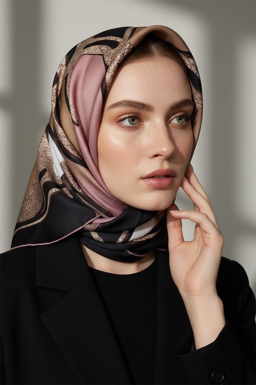 % 57 İPEK % 43 VİSKON Twill İpek Gold Efektli Geometrik Desenli Pudra - Gri Renkli 90x90 Eşarp Dikim Şekli : El Dikişi