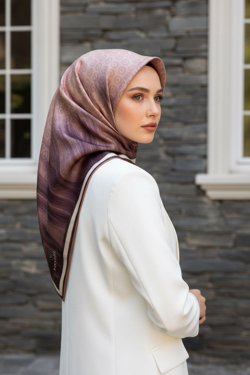 100% Twill İpek Monogram Desenli Somon Renkli 90x90 Dikim Şekli : El Dikişi Eşarp