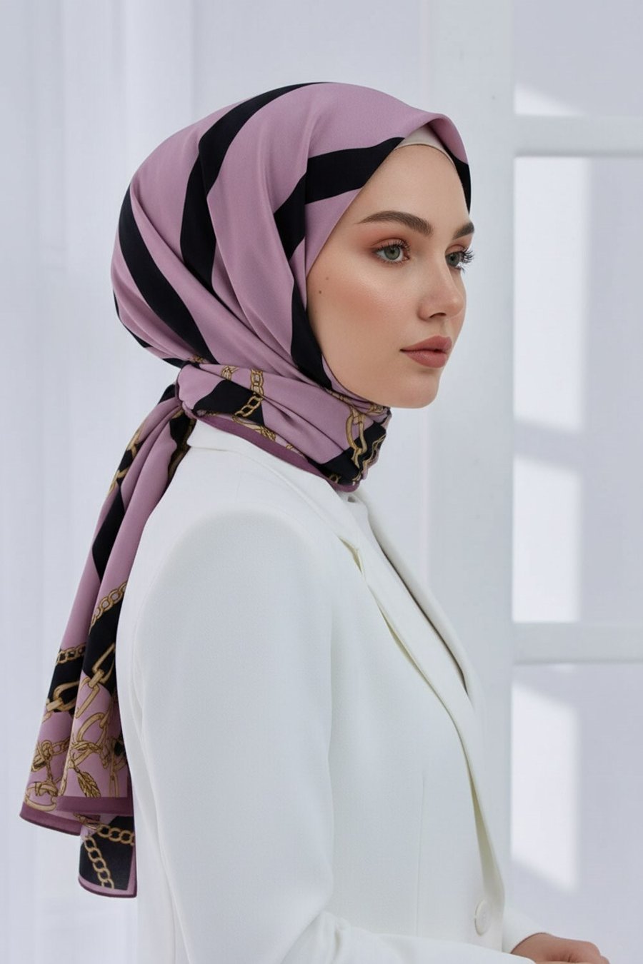 KREP ÇİZGİLİ VE ZİNCİR DESENLİ PUDRA RENKLİ 75X195 KIRIŞMAZ ŞAL