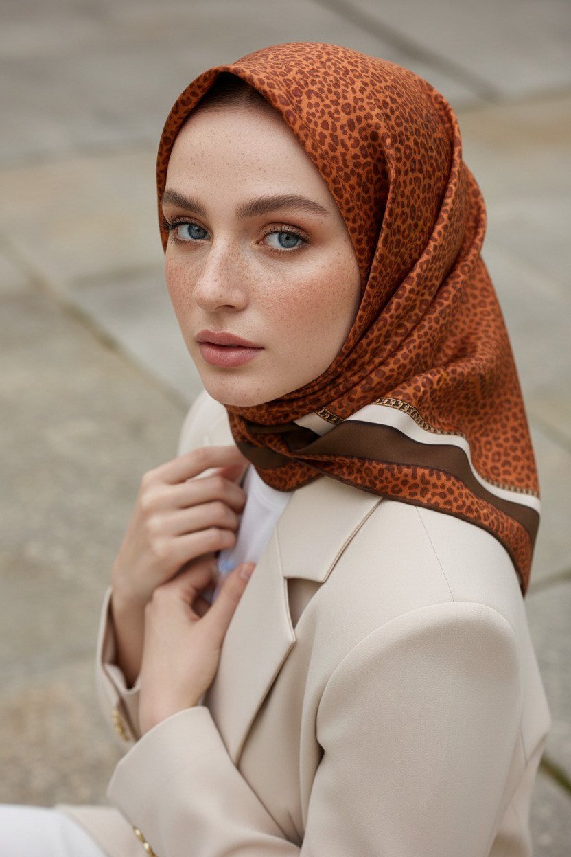 % 57 İPEK % 43 VİSKON Twill İpek Leopar Desenli Taba - Kahverengi Renkli 90x90 Eşarp Dikim Şekli : El Dikişi