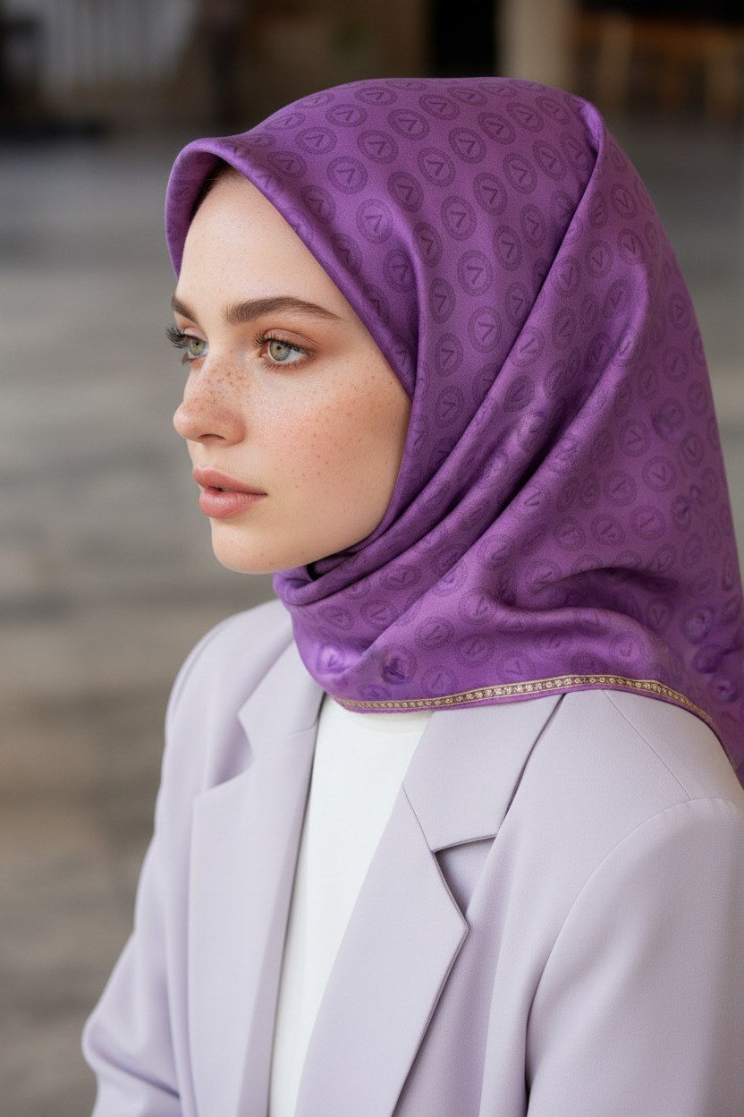 %100 Twill İpek Monogram Desenli Mor Renkli 90x90 Eşarp Dikim Şekli : El Dikişi