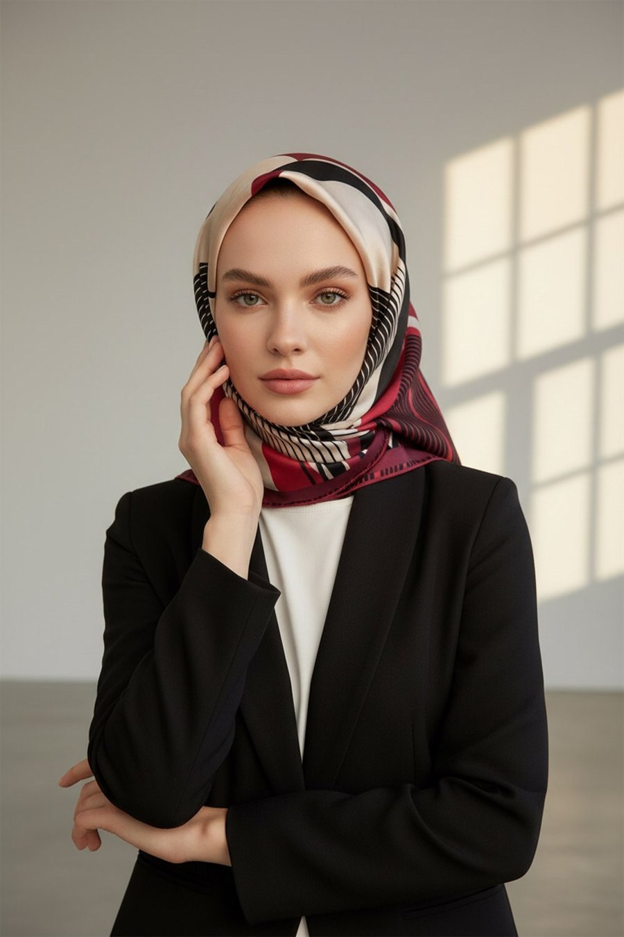 %100 Twill İpek Çizgili Geometrik Desenli Kırmızı - Krem Renkli 90x90 Eşarp Dikim Şekli : El Dikişi