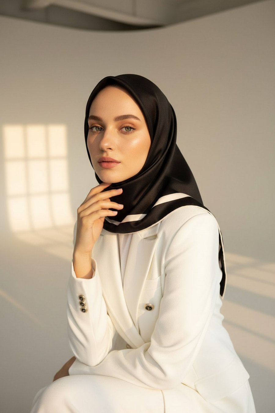 100% Twill İpek Düz Renk Bordür Desenli Siyah - Krem Renkli Daha Tok Exclusive Serisi 90x90 Dikim Şekli : El Dikişi Eşarp