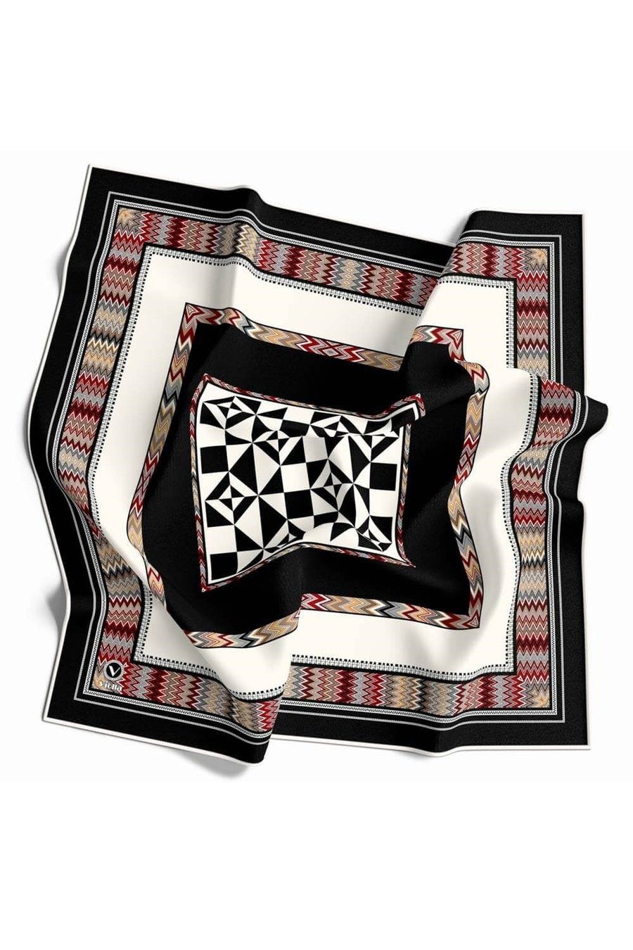 Kristal Geometrik Desenli Siyah - Krem Renkli 90x90 Dikim Şekli : El Dikişi Eşarp (İpek İçermez)