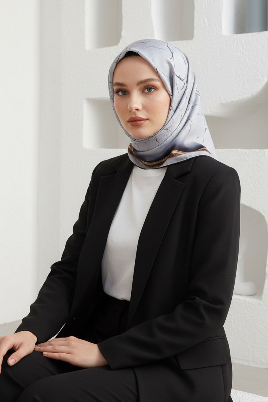 % 57 İPEK % 43 VİSKON Twill İpek Mermer Desenli Gümüş Renkli 90x90 Eşarp Dikim Şekli : El Dikişi