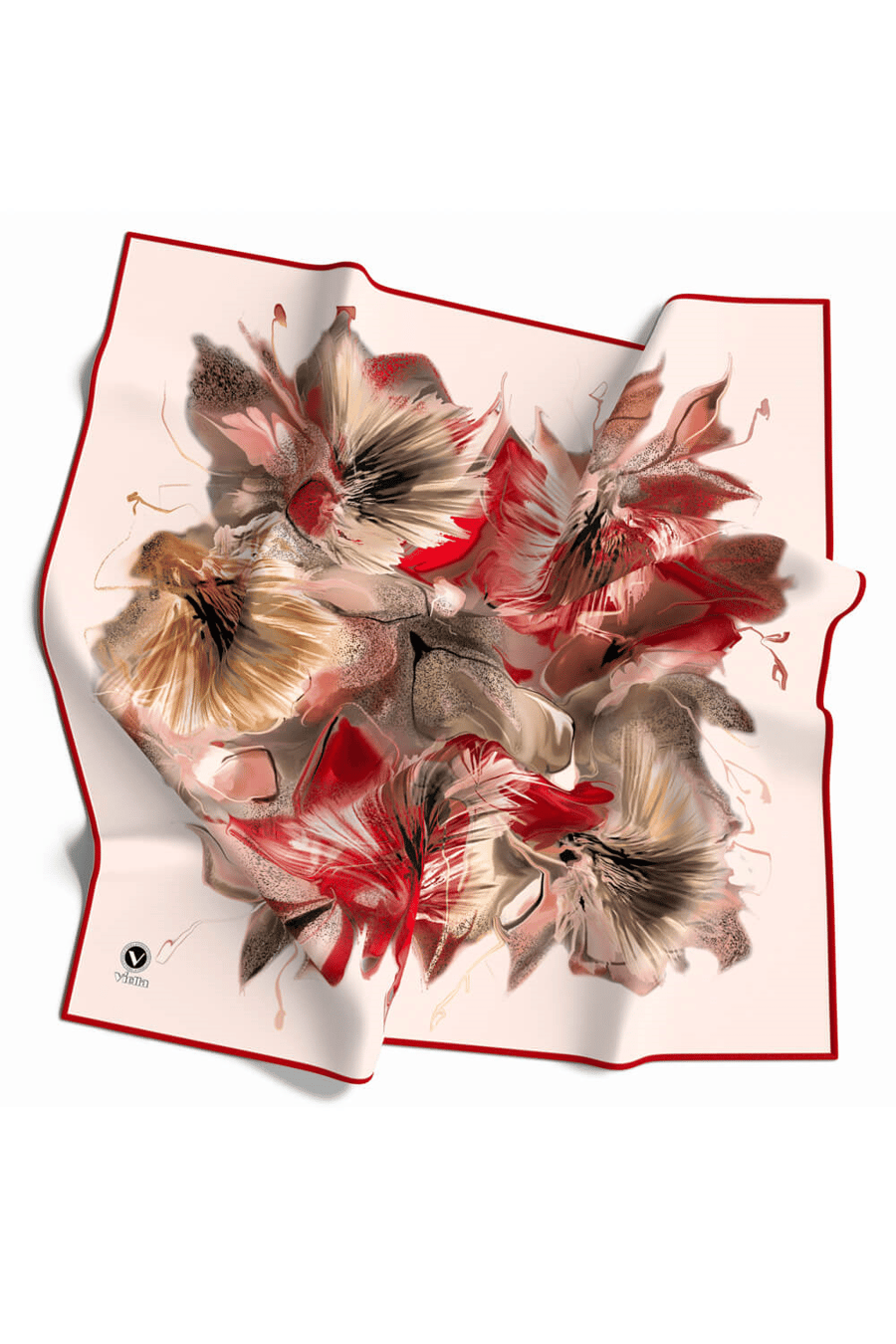 Twill Çiçek Desenli Bordo - Bej Renkli 90x90 Eşarp (İpek İçermez) Kenar Dikiş Şekli El Dikişli