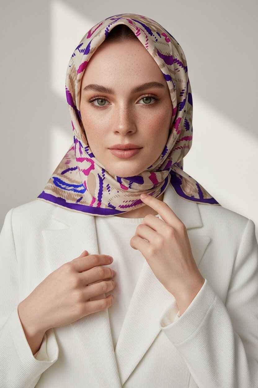%100 Twill İpek Geometrik Desenli Mor - Fuşya Renkli 90x90 Eşarp Dikim Şekli : El Dikişi