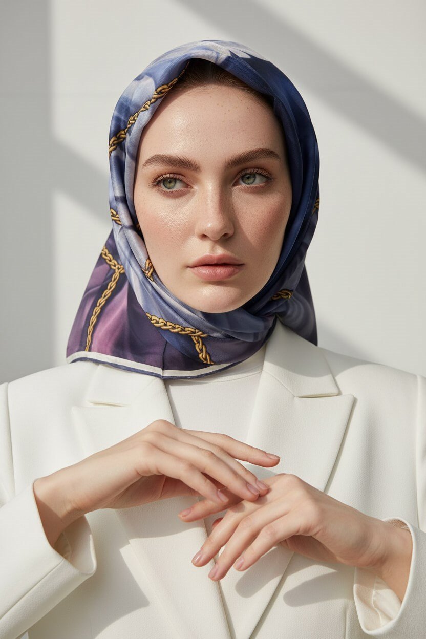 % 57 İPEK % 43 VİSKON Twill İpek Çiçek Geometrik Desenli indigo Renkli 90x90 Eşarp Dikim Şekli : El Dikişi