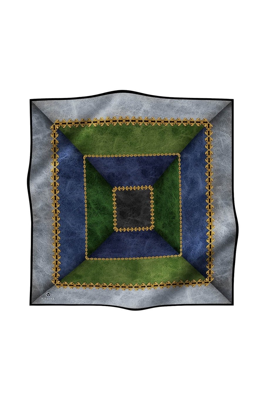 %100 Twill İpek Geometrik Desenli İndigo - Zümrüt Yeşili Renkli 90x90 Eşarp Dikim Şekli : El Dikişi
