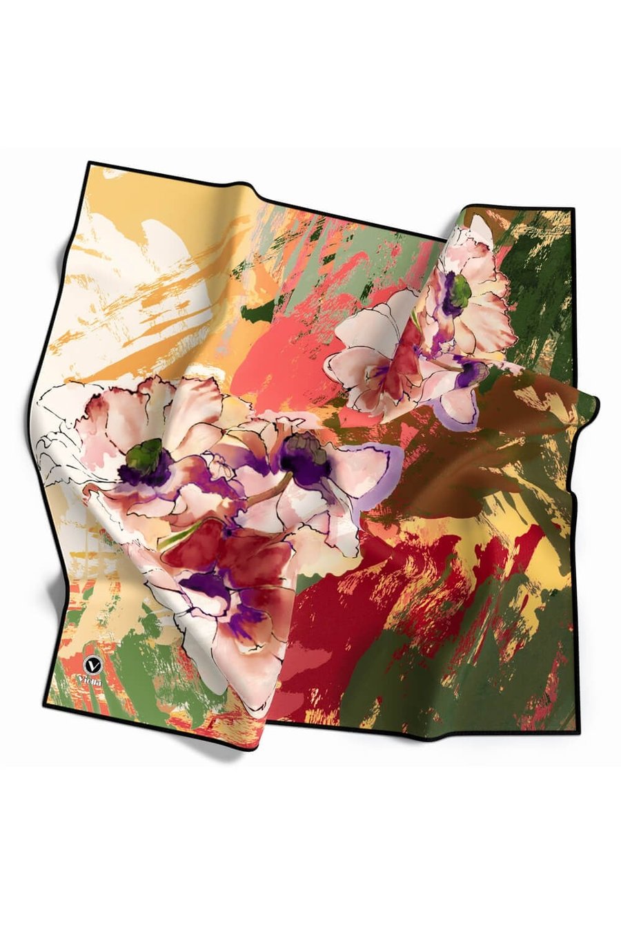 Twill Çiçek Desenli Nar Çiçeği Renkli 90x90 Eşarp (İpek İçermez) Dikim Şekli : El Dikişi