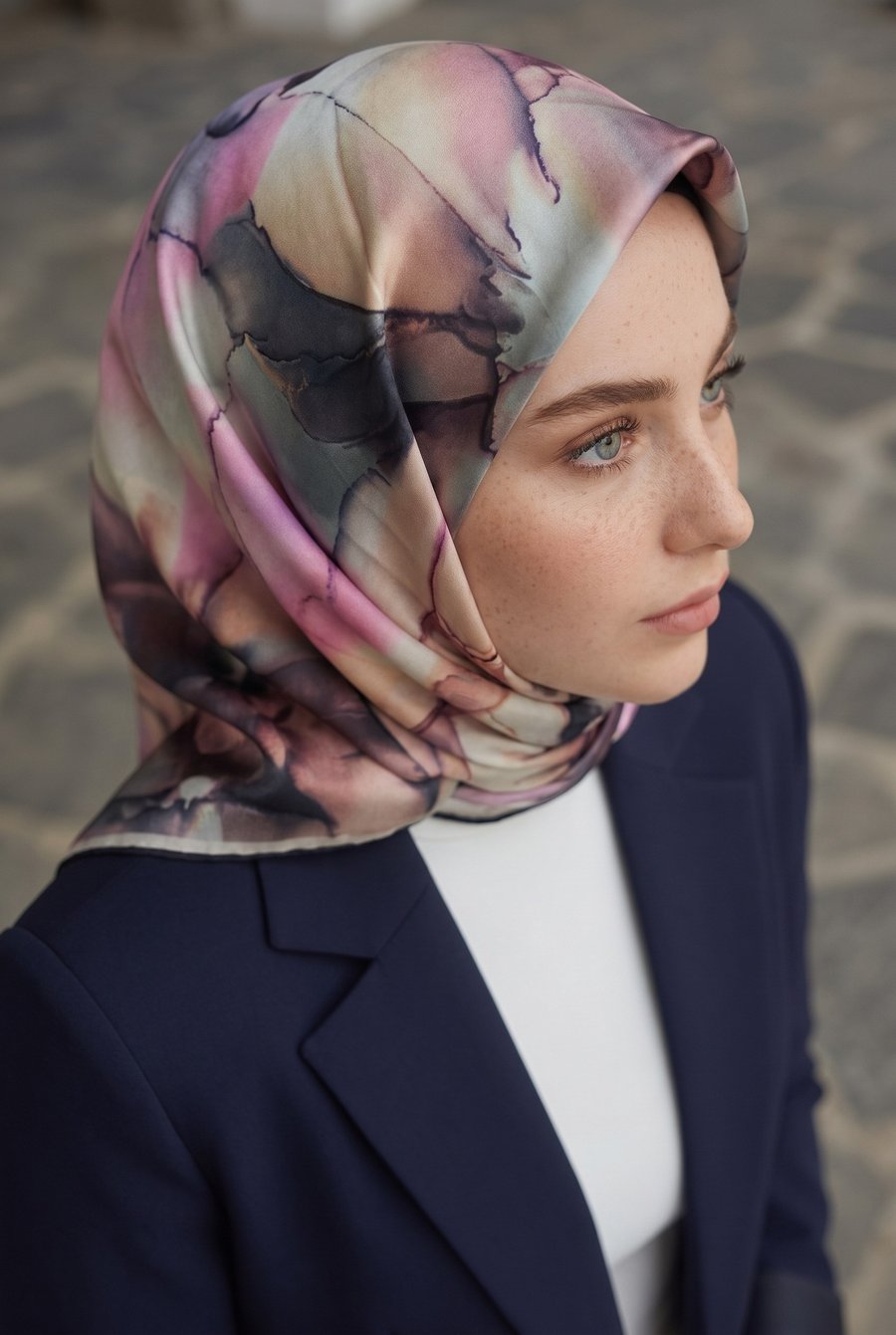 % 57 İPEK % 43 VİSKON Twill İpek Batik Çiçek Desenli Somon - Lila Renkli 90x90 Eşarp Kenar Dikiş Şekli El Dikişli