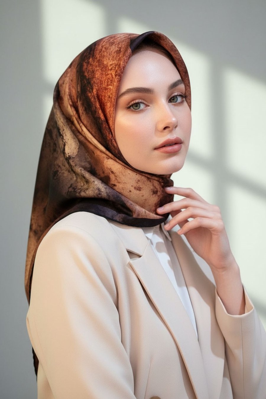 %100 Twill İpek Dokulu Ve Geometrik Desenli Taba - Hardal Renkli 90x90 Eşarp Dikim Şekli : El Dikişi