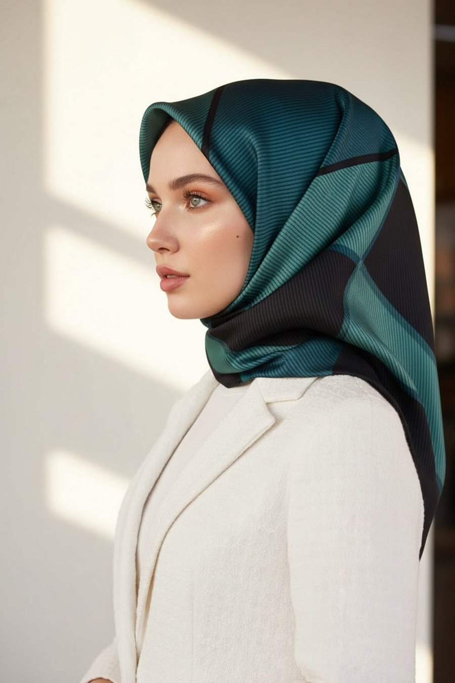 %100 Twill İpek Geometrik Desenli Lacivert Renkli 90x90 Eşarp Dikim Şekli : El Dikişi