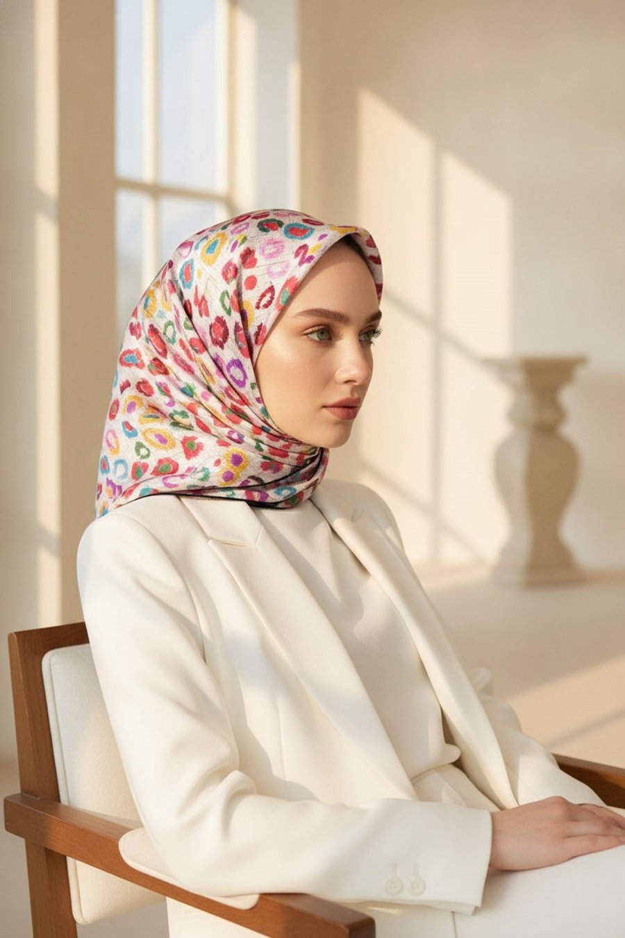 %100 Twill İpek Renkli Leopari Desenli Sarı - Pudra Renkli 90x90 Eşarp Kenar Dikiş Şekli El Dikişli